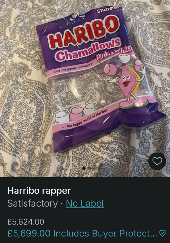 Empty Haribo Chamallows candy bag listed for sale in a hilarious Vinted listing proving zero rules apply.