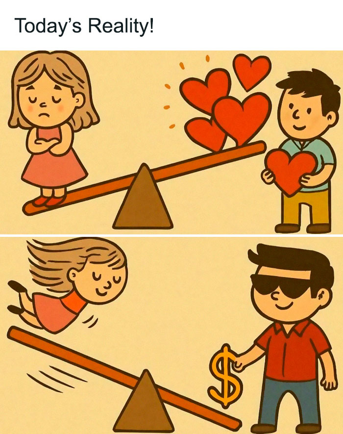 Illustration showing the concept of love versus money with a sad girl and a happy boy, reflecting angry incels shamed online.