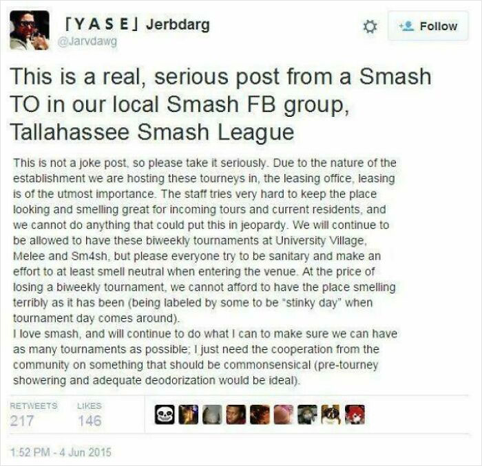 Screenshot of a cringey text message discussing tournament rules and hygiene with multiple reactions on social media.