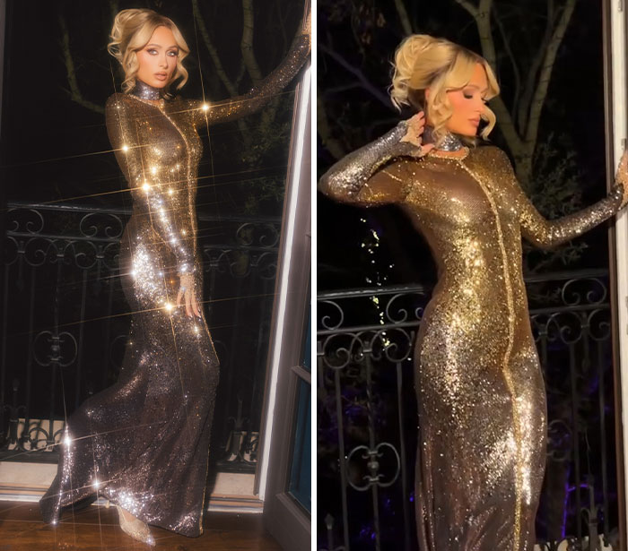 Woman posing in a sparkling gold gown, showcasing one of the biggest fashion fails and unhinged looks of award season.