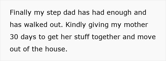 Text describing a step dad walking out after family drama, highlighting mom work and relationship struggles.