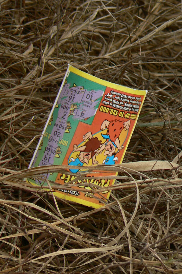 Scratch-off lottery ticket discarded in dry grass, illustrating bizarre true stories that sound unbelievable.