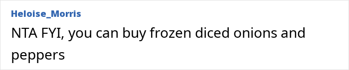 Comment mentioning frozen diced onions and peppers as a convenient option related to cutting vegetables for someone with one arm.