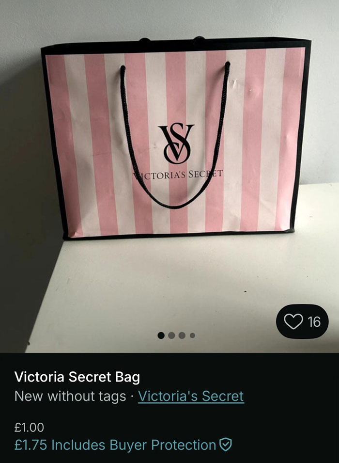 Pink and white striped Victoria Secret bag listed on Vinted with price and buyer protection details visible
