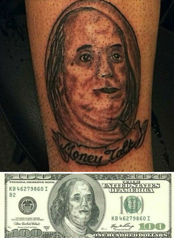 Tattoo ink fail showing a distorted portrait of Benjamin Franklin with money-themed text on skin.