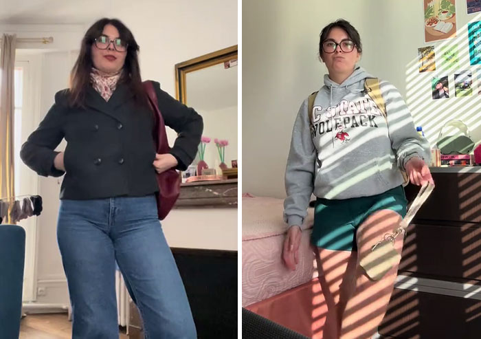 Woman showing before and after photos illustrating the America effect on her style and appearance in two different settings.