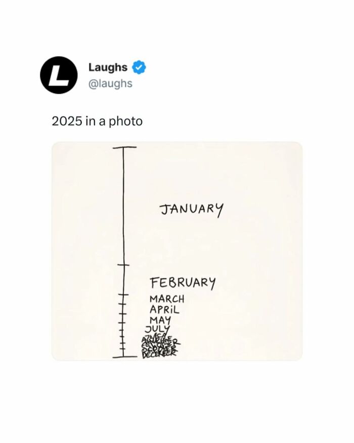 Tweet from Laughs showing a 2025 timeline with January far apart from crowded smaller months, a funny meme about time.