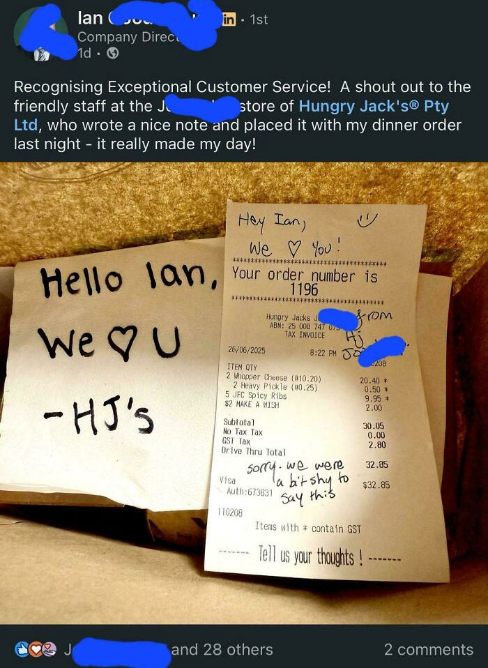 Receipt and note saying "Hello Ian, We love you" from Hungry Jack's, illustrating cringey texts from men that provoke strong reactions.