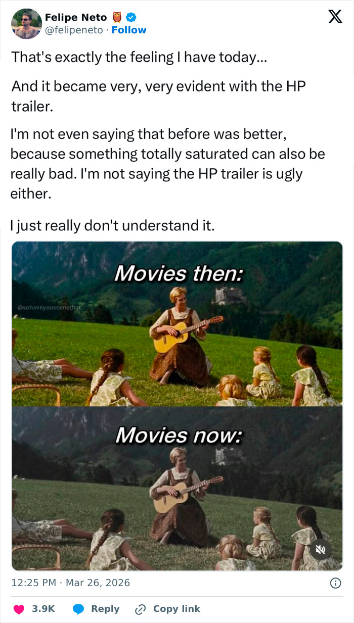 Tweet about feelings on HP trailer with meme comparing colorful movies then vs dull movies now, relating to HBO Harry Potter series fans.