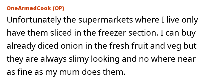 Text post about a one-armed man explaining why his mum cuts vegetables for him instead of supermarkets.