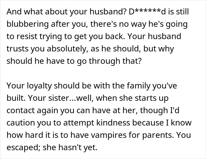 Text excerpt discussing loyalty and family conflict after a woman cuts off parents following a betrayal with her fiancé.