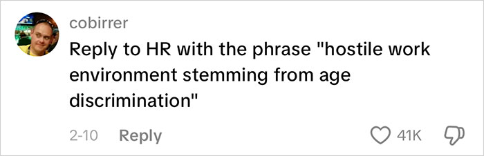 Tweet by user cobrirer suggesting a reply to HR about hostile work environment linked to age discrimination in a casual online discussion. Tweet by user cobrirer suggesting a reply to HR about hostile work environment linked to age discrimination in a casual online discussion.