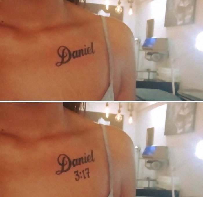 Close-up of a shoulder tattoo added with text, showing an ink fail example from bad tattoo ideas and regrets.