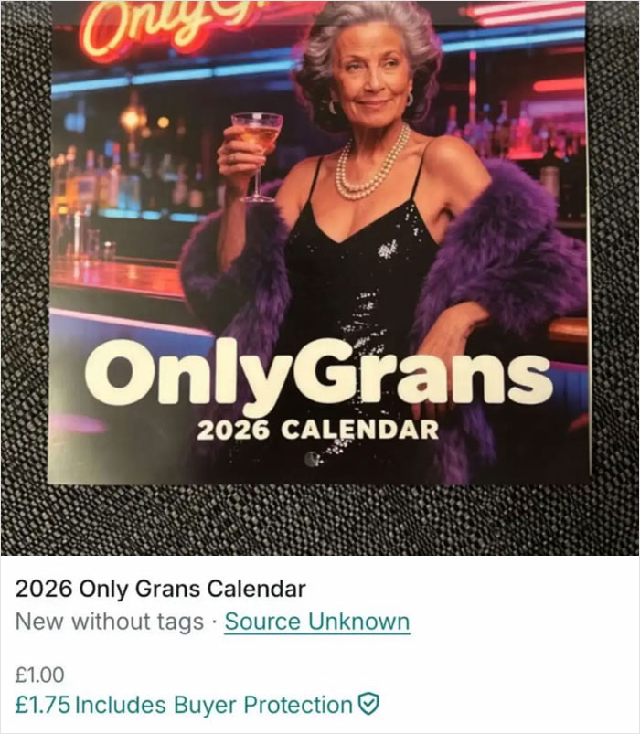 Older woman in glamorous outfit holding a drink, featured in a humorous Vinted listing calendar for 2026.