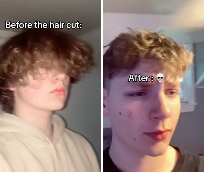 Before and after photos showing a young man’s curly hair drastically cut and styled by a hairdresser gone wrong.