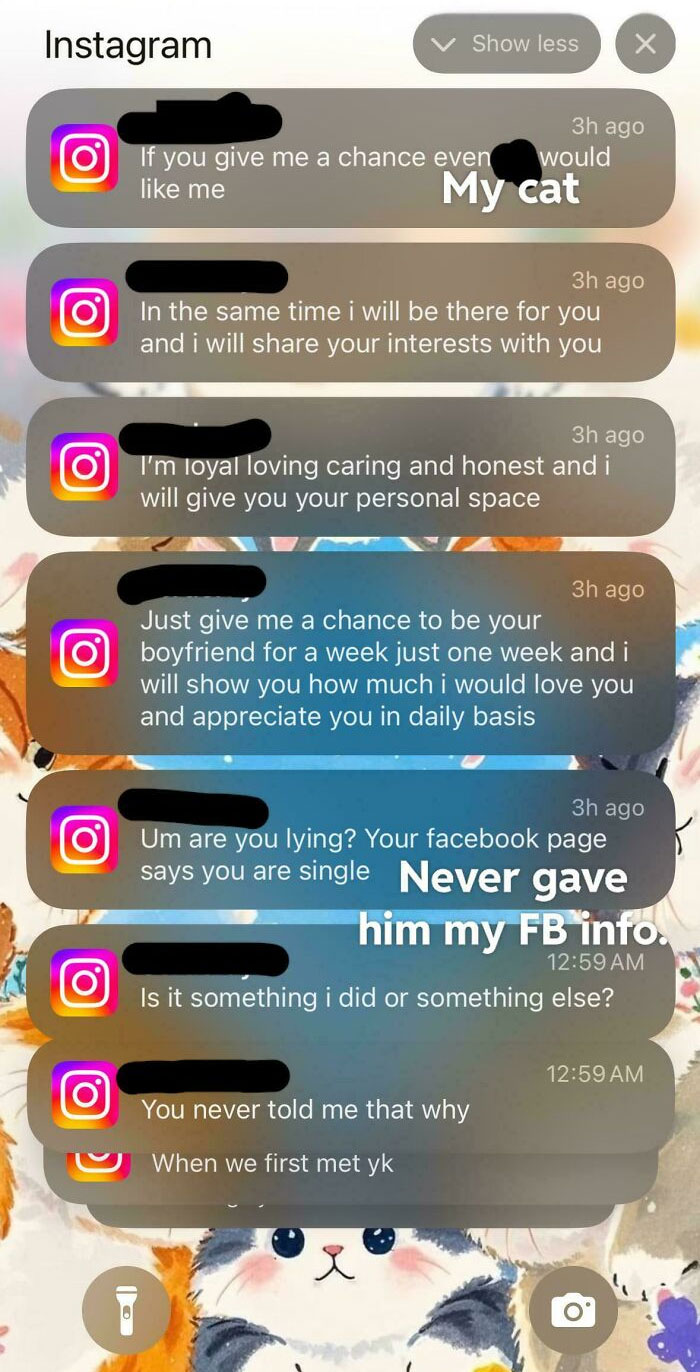 Cringey texts from men on Instagram pleading for a chance and questioning relationship status, shown in phone notifications.