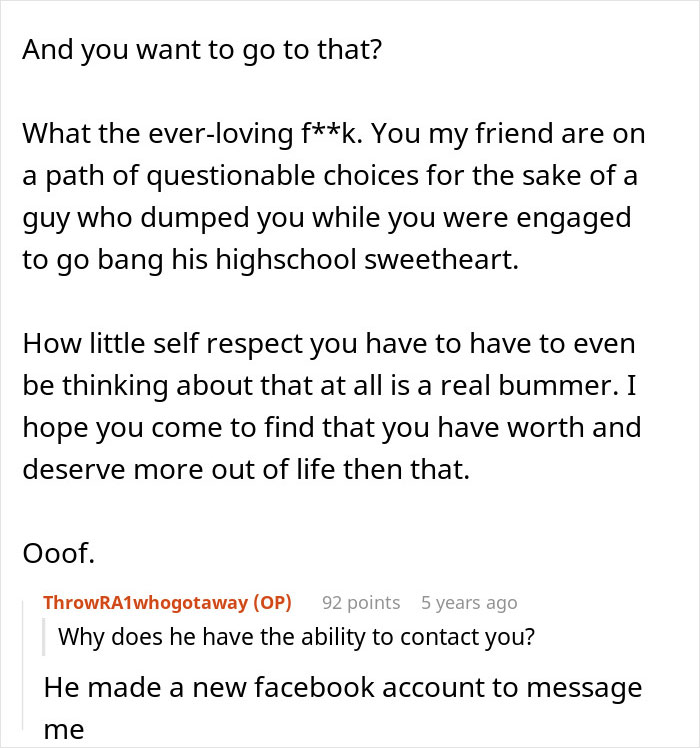 Screenshot of a regretful online comment about ditching fianc&eacute;e to chase the one that got away in a relationship.