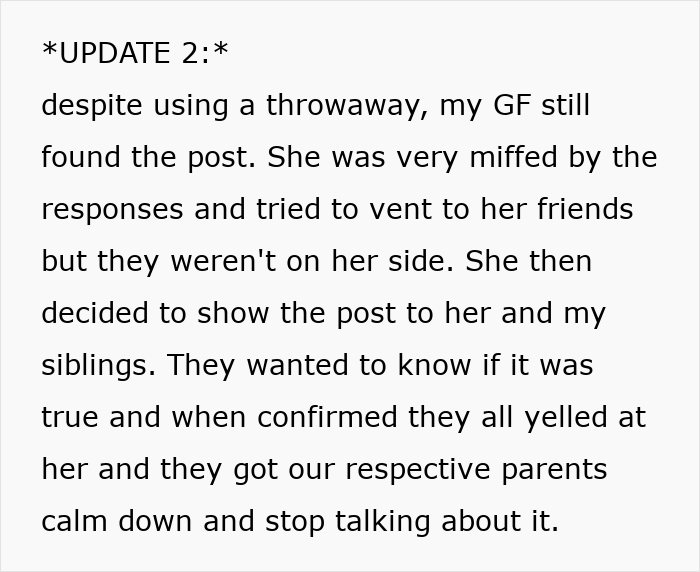 Update about trashing girlfriend's gift leads to family confrontation and parents intervening to calm the situation.