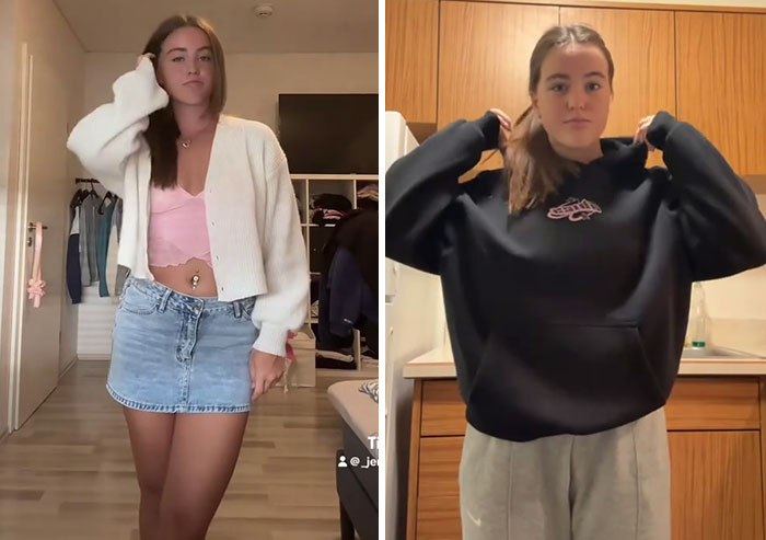 Side-by-side before and after photos of a woman showing the America effect on her appearance and style.