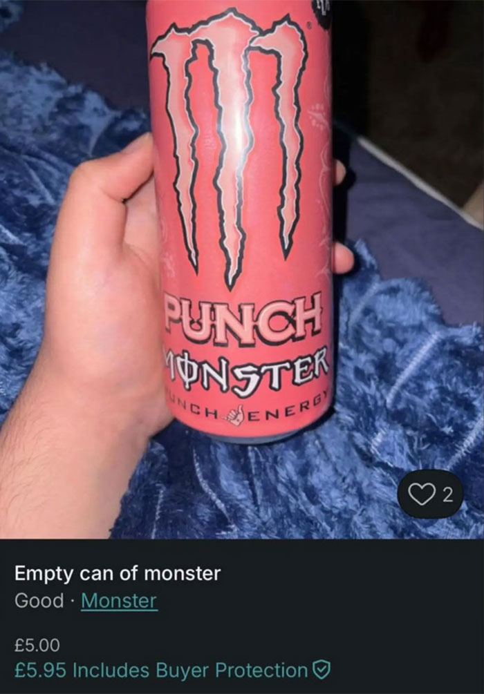 Hand holding an empty Monster Punch energy drink can in a humorous Vinted listing showcasing zero rules.