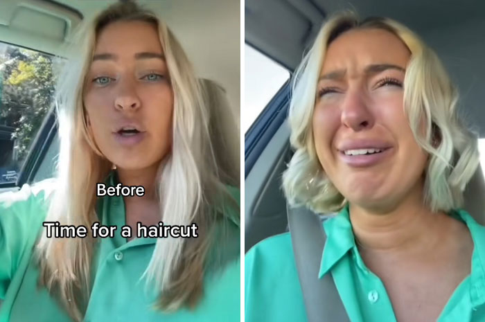 Woman before and after a haircut, showing trauma and shock from a hairdresser's unexpected styling disaster.