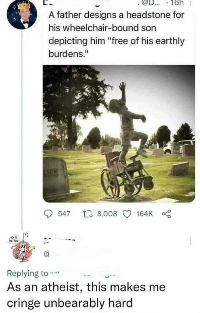 Social media post showing a cringey text about a wheelchair-bound son’s headstone, evoking strong reactions.