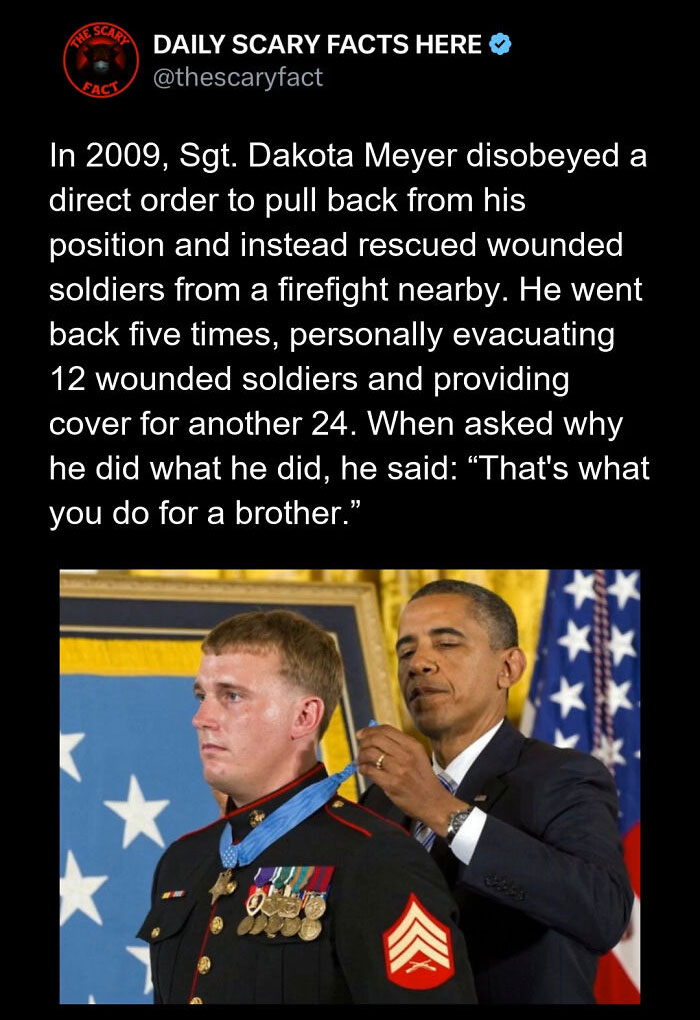 Sgt. Dakota Meyer receiving a medal from President Obama for bravery in rescuing wounded soldiers during a firefight.