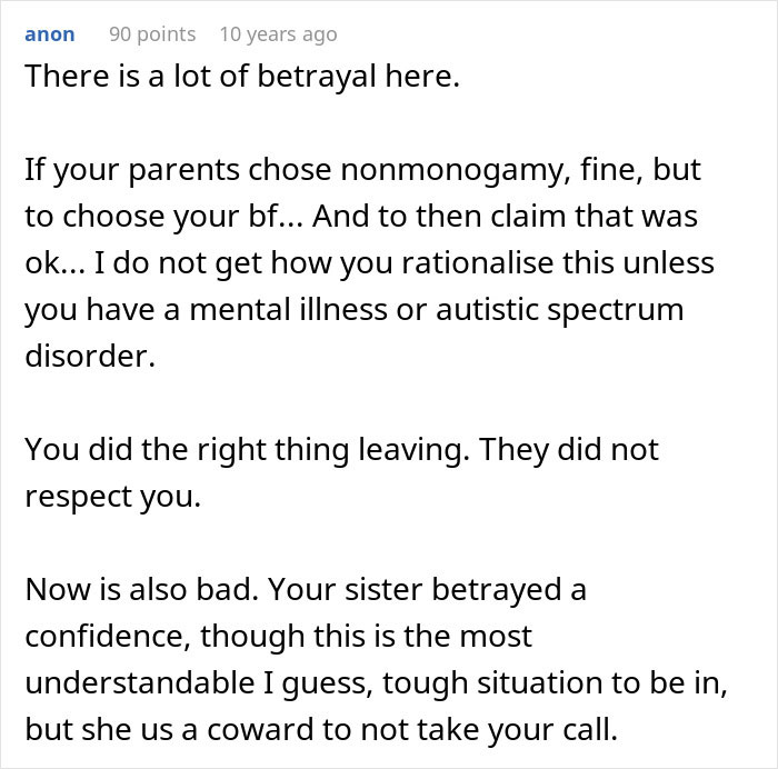 Comment discussing betrayal and family conflict after a woman cuts off parents over fiancé and mom situation