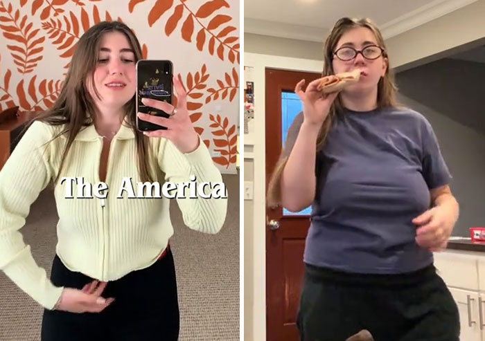 Side-by-side before and after photos of a woman showing how the US changed her in The America Effect series.