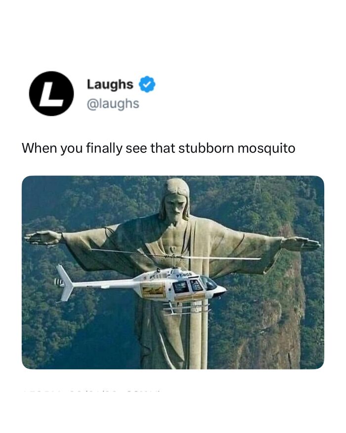Funny meme showing helicopter near Christ the Redeemer statue, perfect for a break with funny memes about being a responsible adult.
