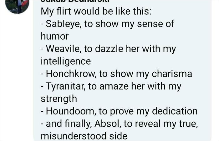 Cringey texts from men using Pokémon references to impress and express their personality in awkward flirting attempts.