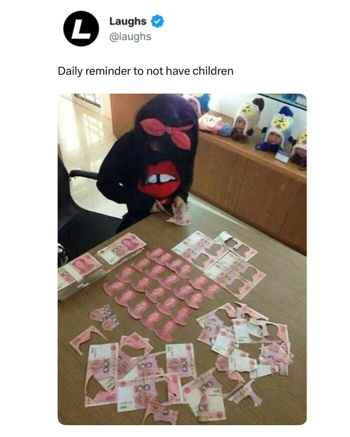 Person wearing a hoodie cutting money into pieces, shown in a funny meme about taking a break from being a responsible adult.