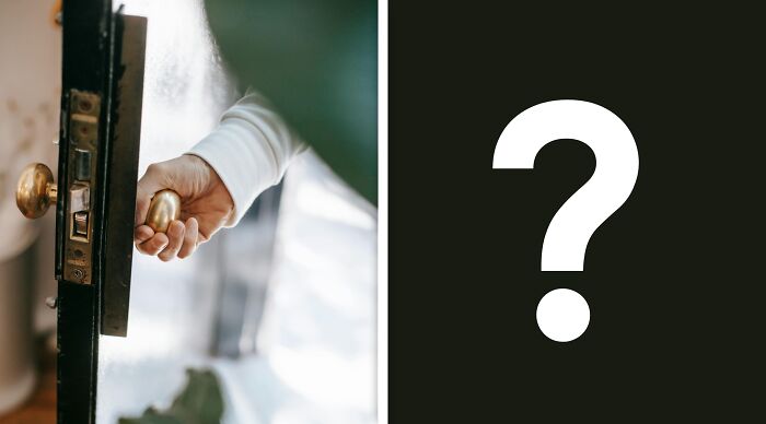 A person opening a door with a hand, next to a large question mark representing ethical and moral dilemmas.