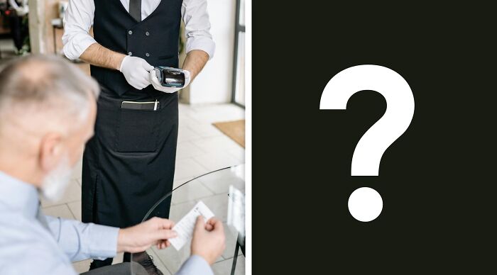 Man handing payment to waiter wearing gloves in restaurant, representing ethical and moral dilemmas concept.