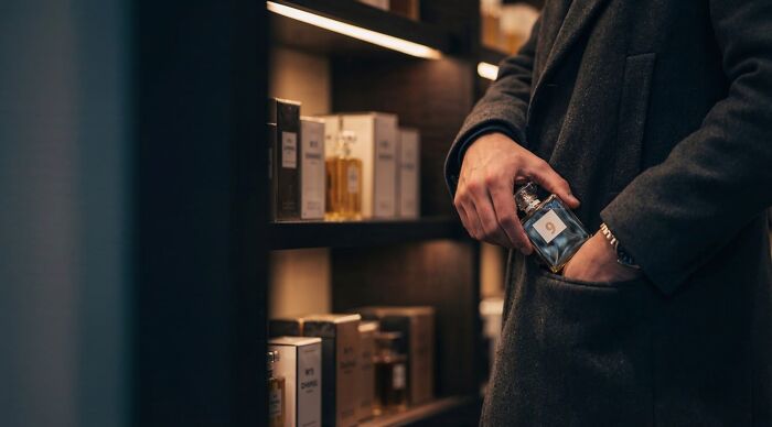Person stealing perfume from store shelf, illustrating an ethical and moral dilemma in a dimly lit setting.