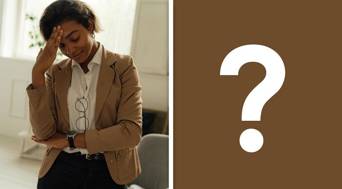 Woman in a tan jacket looking thoughtful and stressed, next to a large question mark symbolizing ethical and moral dilemmas.