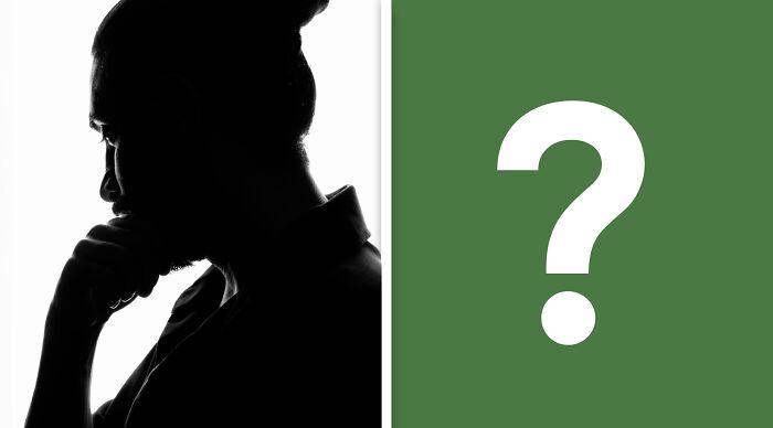 Silhouette of a person deep in thought next to a large question mark, illustrating ethical and moral dilemmas.
