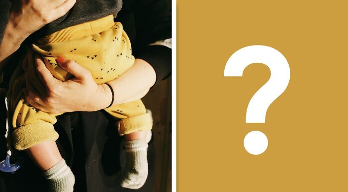 Adult holding a baby dressed in yellow pants on left side, with a large white question mark on mustard background on right side, illustrating ethical dilemmas.