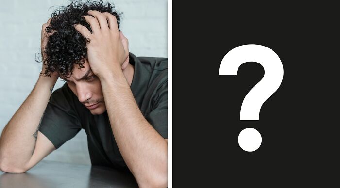 Young man holding his head in frustration next to a large question mark symbol representing ethical and moral dilemmas