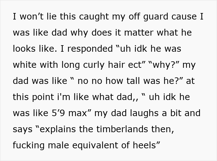 Text conversation about a dad asking details about a man&rsquo;s appearance, including height and shoes like Timberlands.