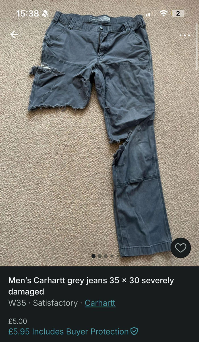 Severely damaged men’s Carhartt grey jeans with large holes listed on Vinted, showing unusual item condition.