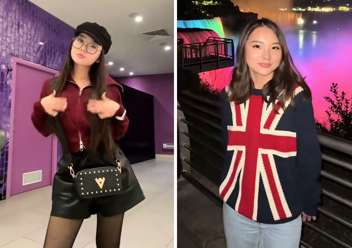 Before and after photos of a woman illustrating the America effect and how the US influenced her style and confidence.