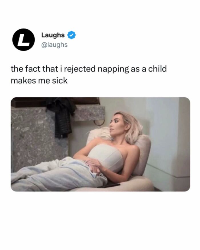 Funny meme about rejecting naps as a child with a woman lying on a couch, perfect for a break from being responsible adult.
