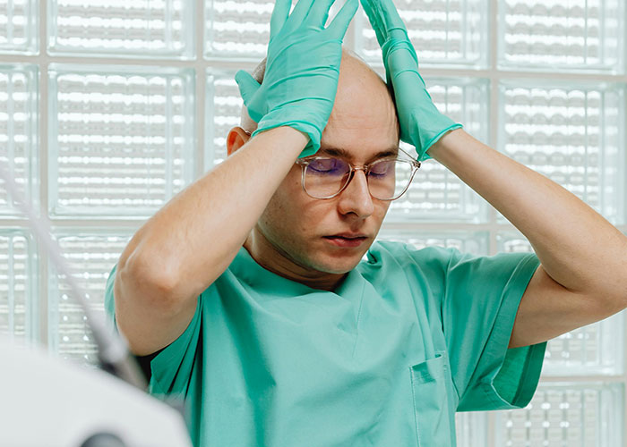 Medical professional in scrubs and gloves with eyes closed, showing stress or concern over medical secrets.