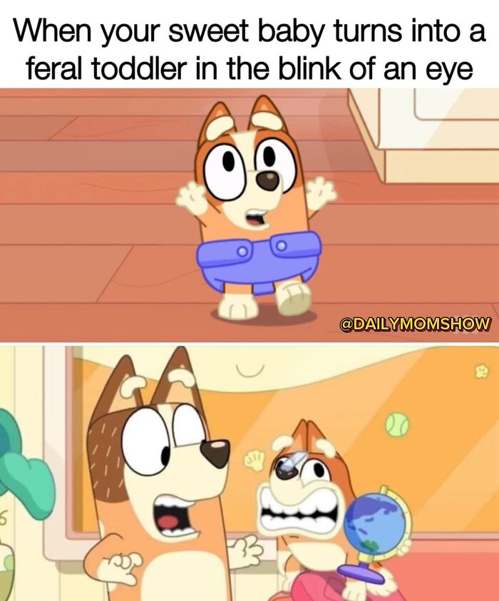 Cartoon dogs showing a toddler turning wild, illustrating funny parenting memes from Dailymomshow humor.