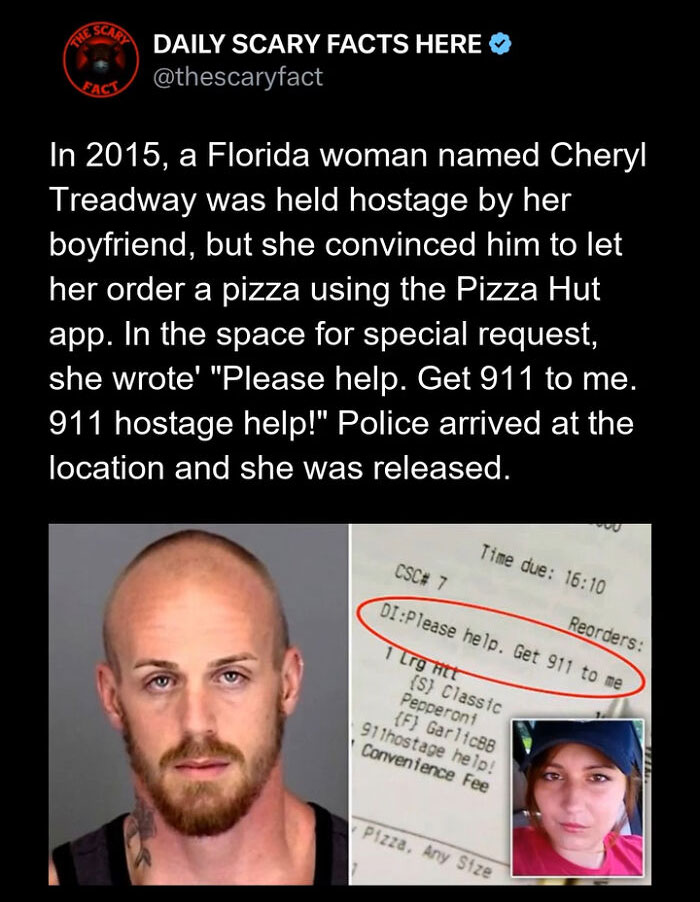 Hostage rescue story showing a Pizza Hut order with a hidden 911 plea in text for scary facts.