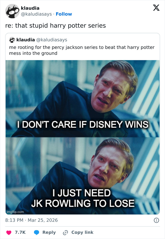 Meme showing a man saying he doesn’t care if Disney wins but wants JK Rowling to lose, about Harry Potter series fans.
