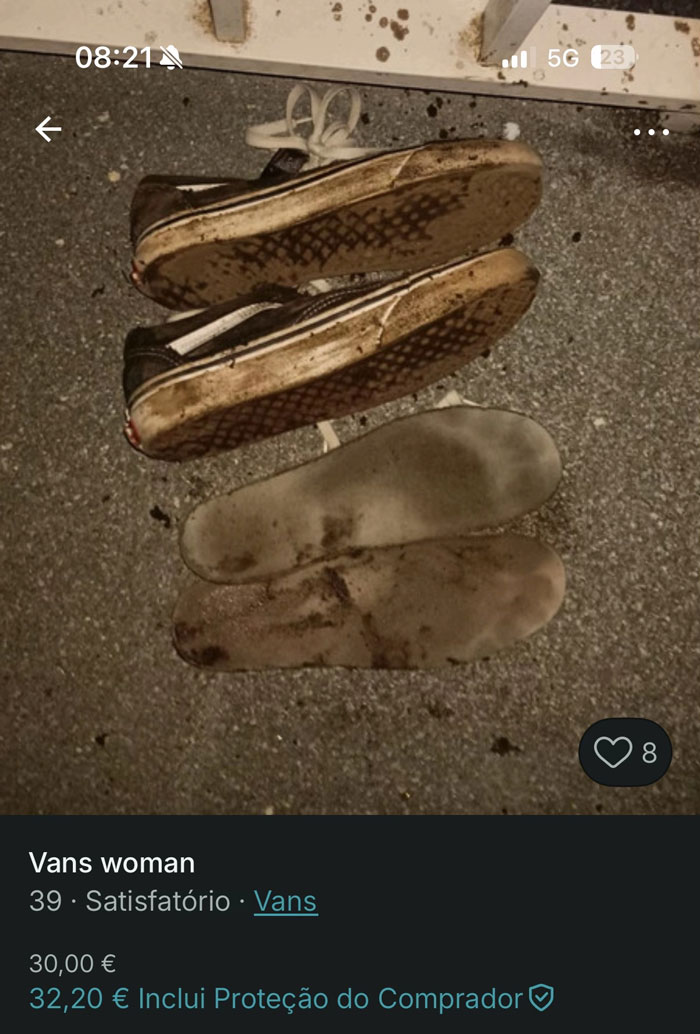 Worn and dirty Vans shoes with grimy insoles displayed on pavement in a hilarious Vinted listing.