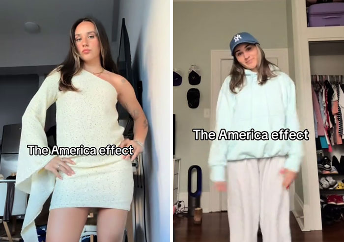 Two women showing before and after photos illustrating the America effect on style and confidence at home.
