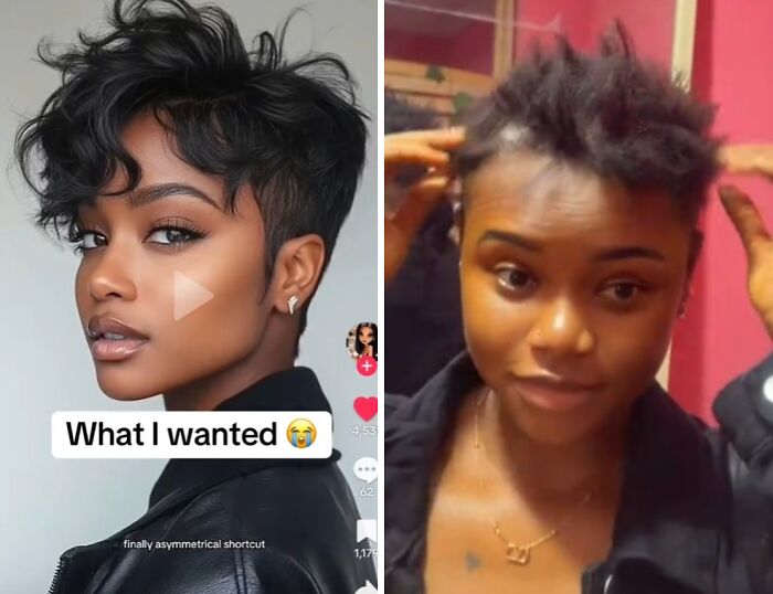 Side-by-side images showing a desired stylish short haircut versus a traumatizing hairdresser haircut fail on natural hair.